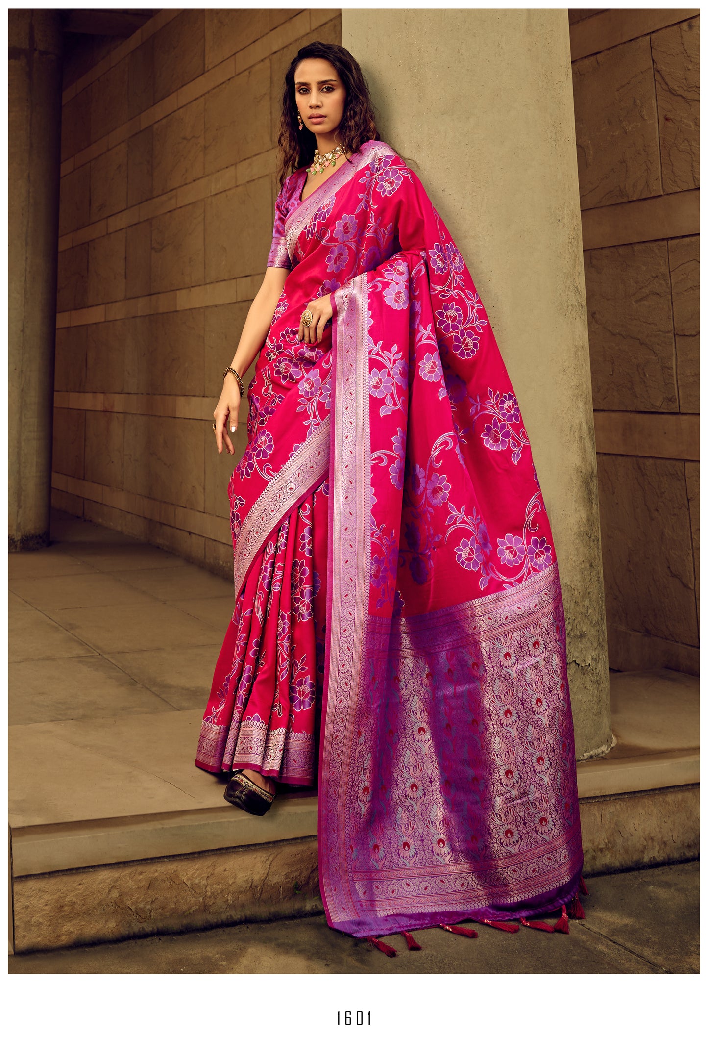 Pink Floral Silk Saari With Contrast Pallu