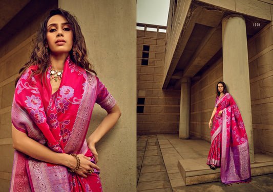 Pink Floral Silk Saari With Contrast Pallu