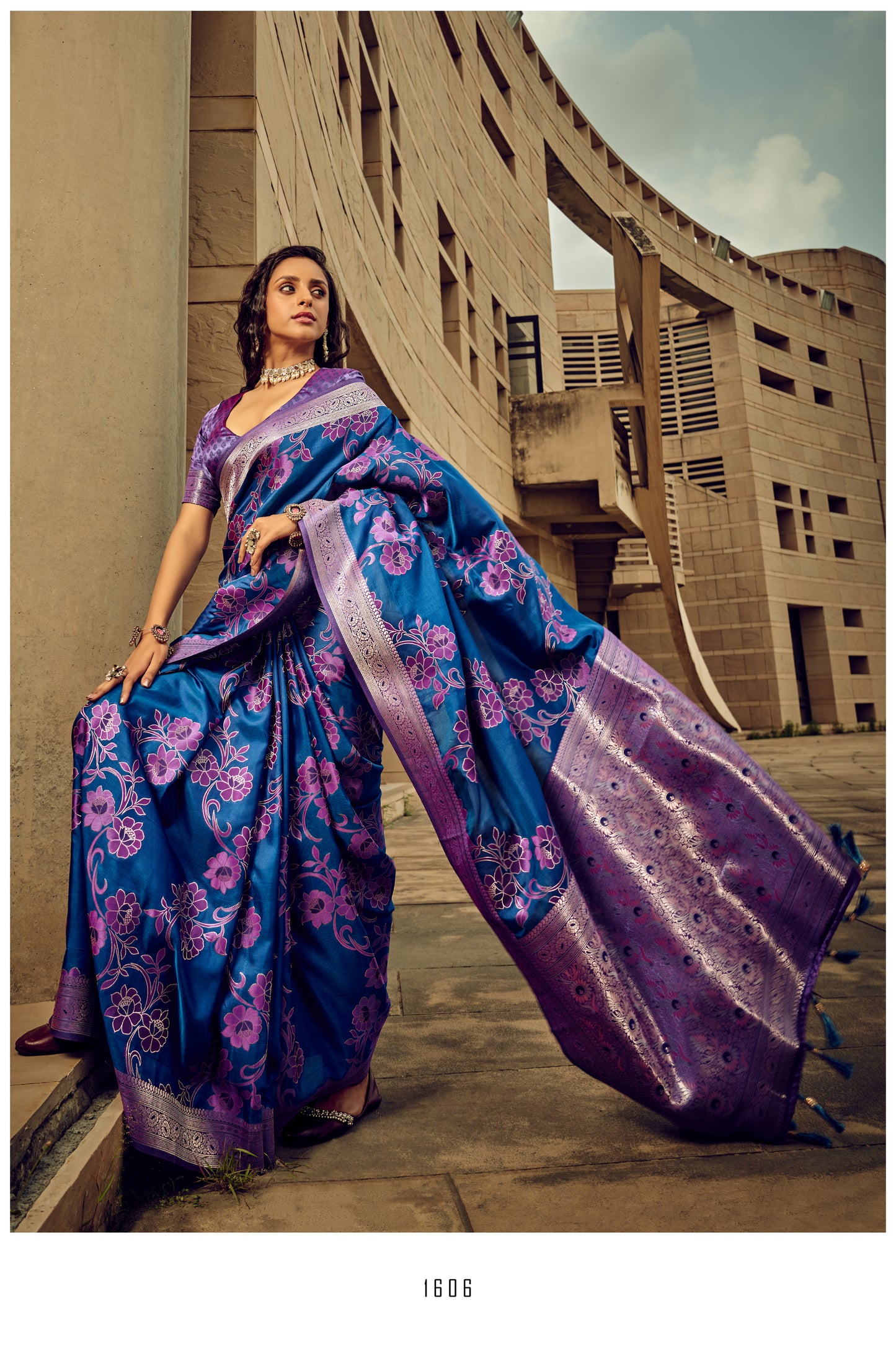 Blue Floral Silk Saari