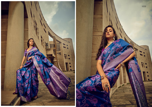 Blue Floral Silk Saari