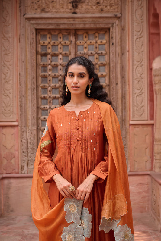Rust Mul Chanderi Suit With Intricate work