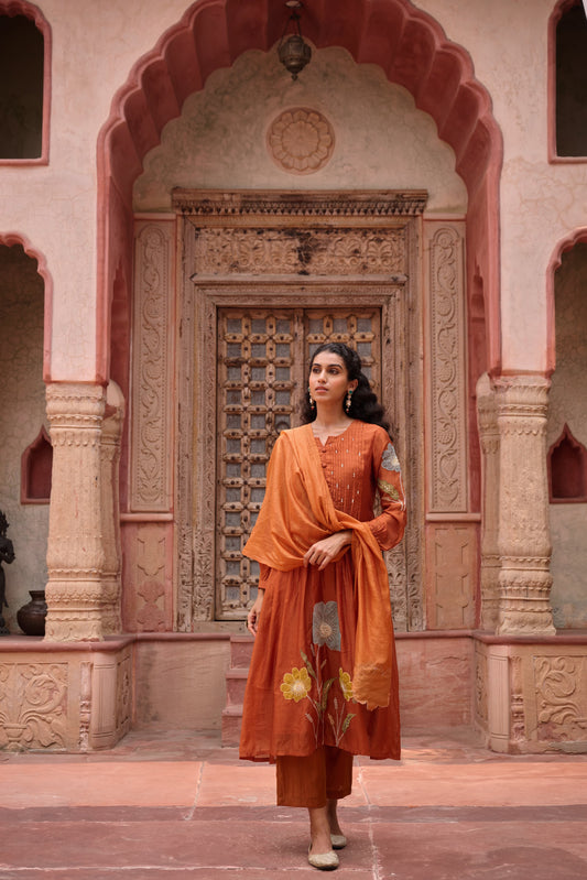 Rust Mul Chanderi Suit With Intricate work